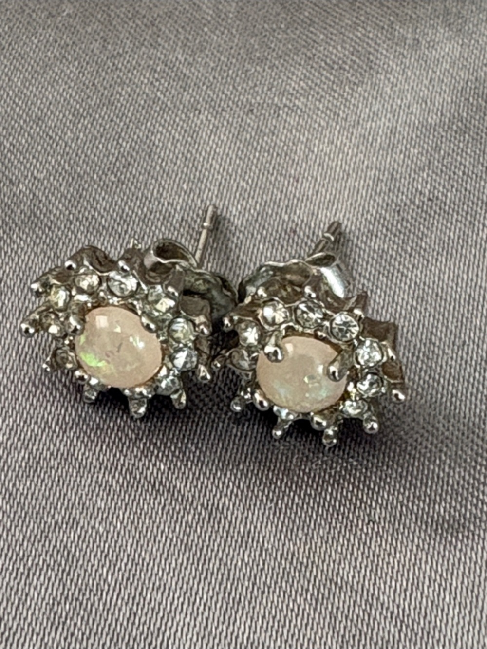 Vintage Avon Opal Halo Stud Earrings - Silver Tone